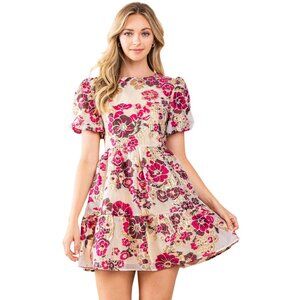 TCEC Aria Dress Size XS Raspberry Cream Floral Jacquard Puff Sleeve Ethereal NEW